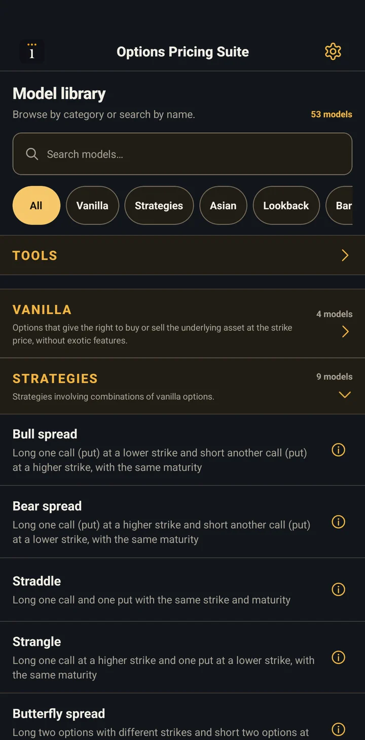 The model library in Options Pricing Suite: 50+ models, browsed by category or searched by name.